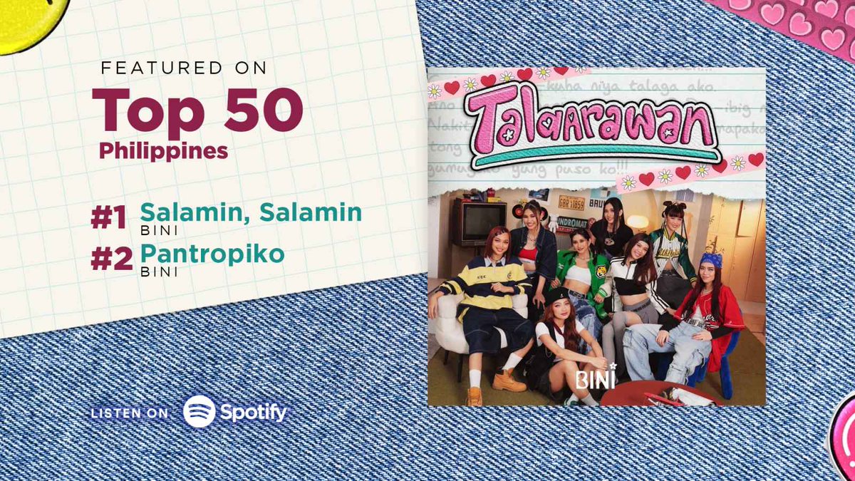 BINI VS BINI #BINI_SalaminSalamin by our Nation's Girl Group @BINI_ph is now at #1 on @Spotify's 'Top 50 - Philippines' playlist replacing #BINI_Pantropiko! 💚 Check out the playlist here: open.spotify.com/playlist/37i9d… Keep streaming, our BLOOM besties! 🌸 #BINI #BINIph