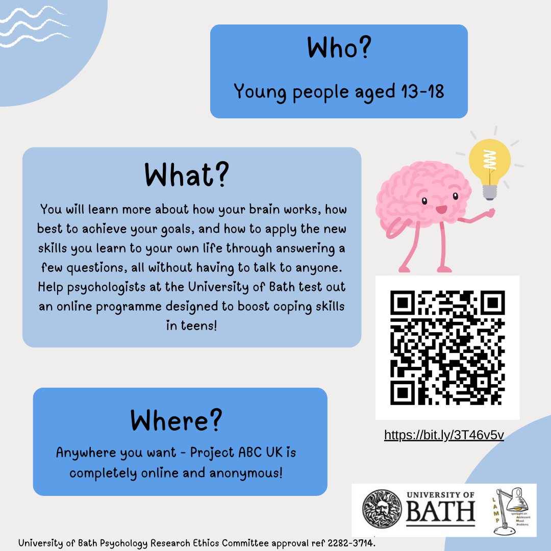 Calling all 13-18 year olds in the UK!! 🗣️ Project ABC is about doing more of what matters to you to help yourself feel better. It is anonymous, online, on demand, and single sitting. It will take you less than 30 minutes!!! ➡️bathpsychology.eu.qualtrics.com/jfe/form/SV_et…