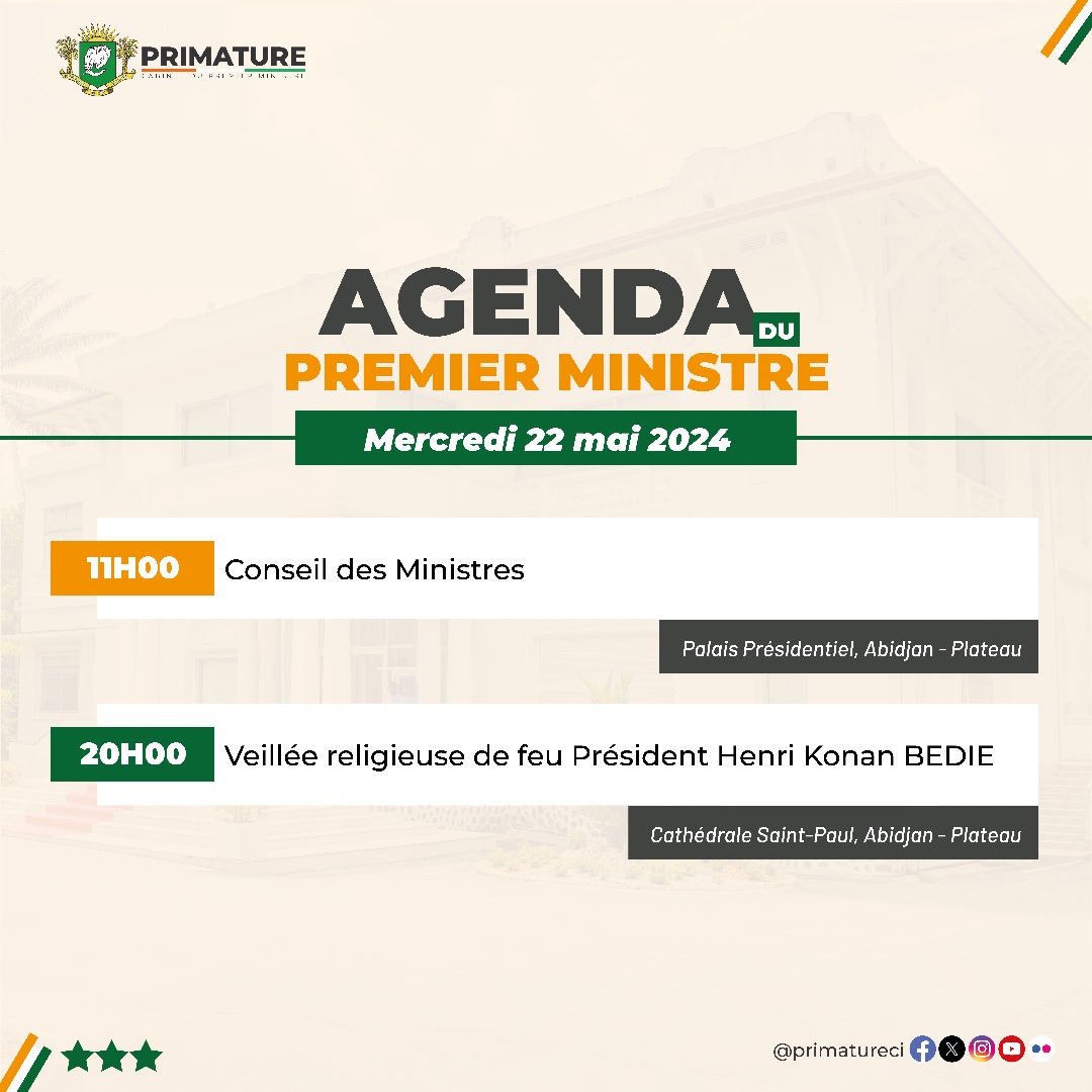 L'agenda du Premier ministre @DrBeugreMambe, ce mercredi, sera marqué par sa participation au Conseil des ministres et à une veillée religieuse, en hommage au Président Henri Konan BEDIE. #PrimatureCI