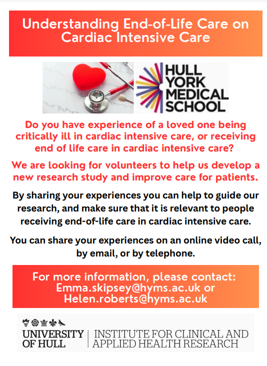 EmmaSkipsey's tweet photo. We are looking for volunteers with experience in #cardiacintensivecare to help develop a new #research study as part of our #PPI. To find out more, DM or email me (emma.skipsey@hyms.ac.uk). Please RT! https://t.co/vNIXUR4zjW