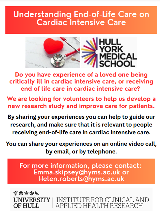 We are looking for volunteers with experience in #cardiacintensivecare to help develop a new #research study as part of our #PPI. To find out more, DM or email me (emma.skipsey@hyms.ac.uk). Please RT!