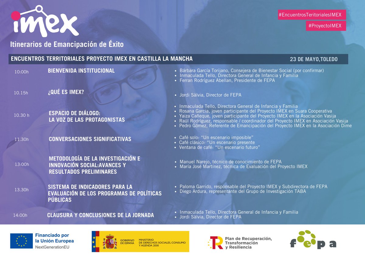 🟢Mañana estaremos en el I Encuentro Territorial del #ProyectoIMEX en Castilla-La Mancha, organizada por @fepa_18

✅¡Nos vemos en Toledo!
#AsociaciónVasija #ElValorDeLosQueMenosCuentan #EncuentrosTerritorialesIMEX #ProyectoIMEX #InvestigaciónSocial #Juventud #FEPA