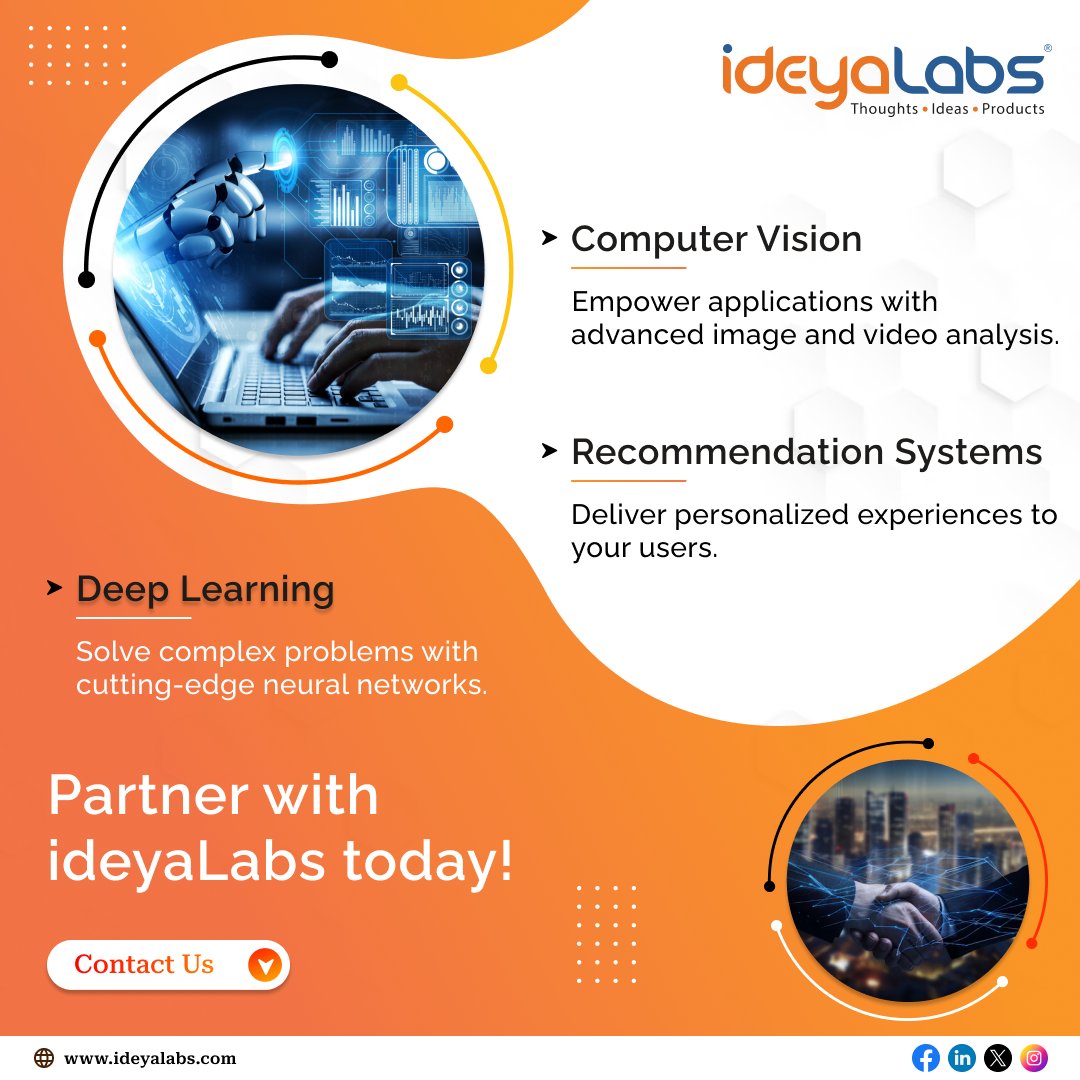 Our #AIMLServices are designed to drive innovation and efficiency across your organization. From predictive #analytics to deep learning, enhance customer interactions, forecast trends, and deliver personalized experiences. Partner with @ideya_Labs today!