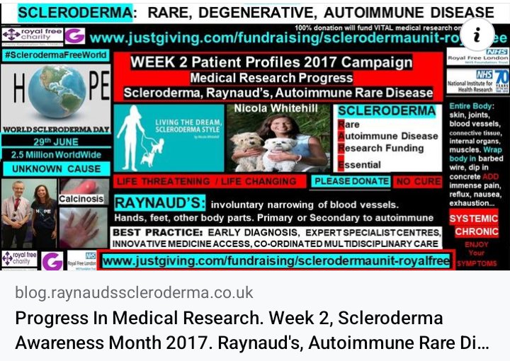 Flashback 2017: Progress in medical research #systemicsclerosis blog.raynaudsscleroderma.co.uk/2017/06/week-2… 
2024: 27 years, over half of my life living with this #raredisease 🤢royalfreecharity.org/news/fundraisi… 
#SclerodermaFreeWorld #RaynaudsFreeWorld 
#Research #Scleroderma #Raynauds #NoCure #LifeChanging