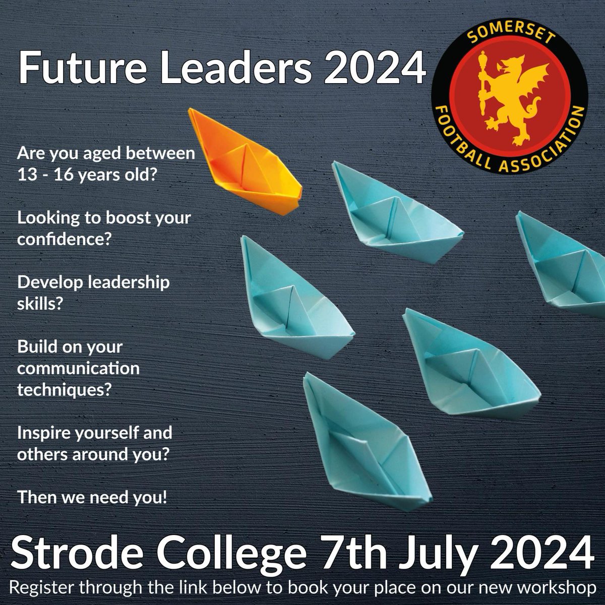 Are you aged 13-6 and looking to develop your leadership skills for a role in football? Sign up to our Somerset FA Future Leaders day: forms.gle/d5K7ZywcNSJSwj…