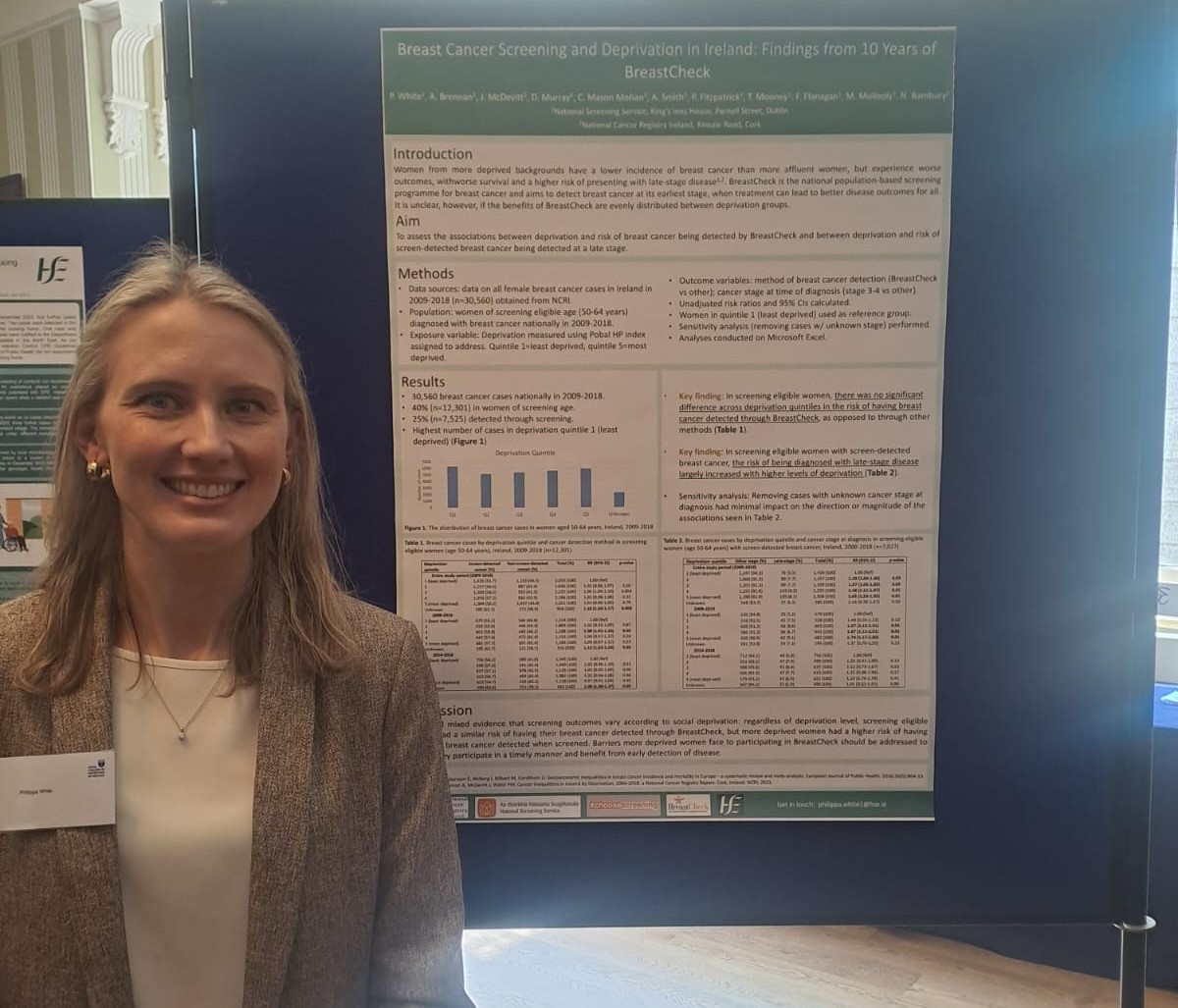 Dr Philippa White, Specialist Registrar in Public Health Medicine, presenting at @RCPI_news conference this week on the associations between deprivation & risk of #breastcancer being detected by #BreastCheck and risk of screen-detected breast cancer being detected at a late stage