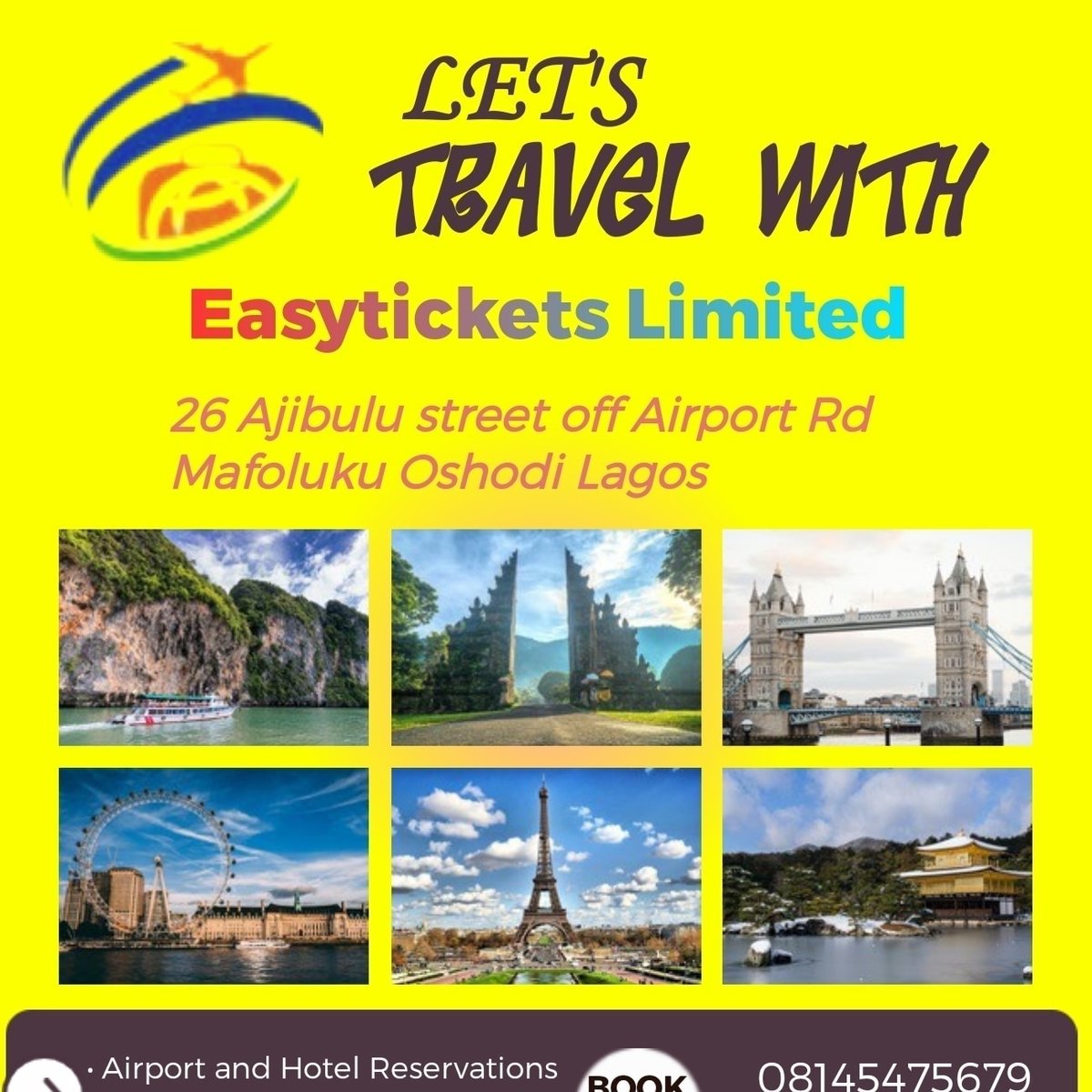 We will provide you with all the information you might need for all your upcoming trips.@Goeasyaviation company.contact us today on the following lines:08145475679,08146523478,08177302725.