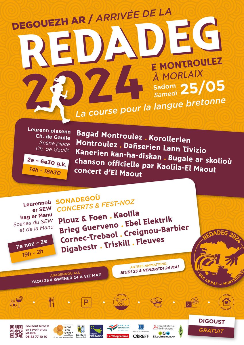 💥Roll-tremen degouezh ar Redadeg 2024 e Montroulez - Sadorn 25/05 💥
🎉 Programme de l'arrivée de la Redadeg 2024 à Morlaix - Samedi 25/05 🎉 #redadeg #bzhg #Bretagne #Morlaix