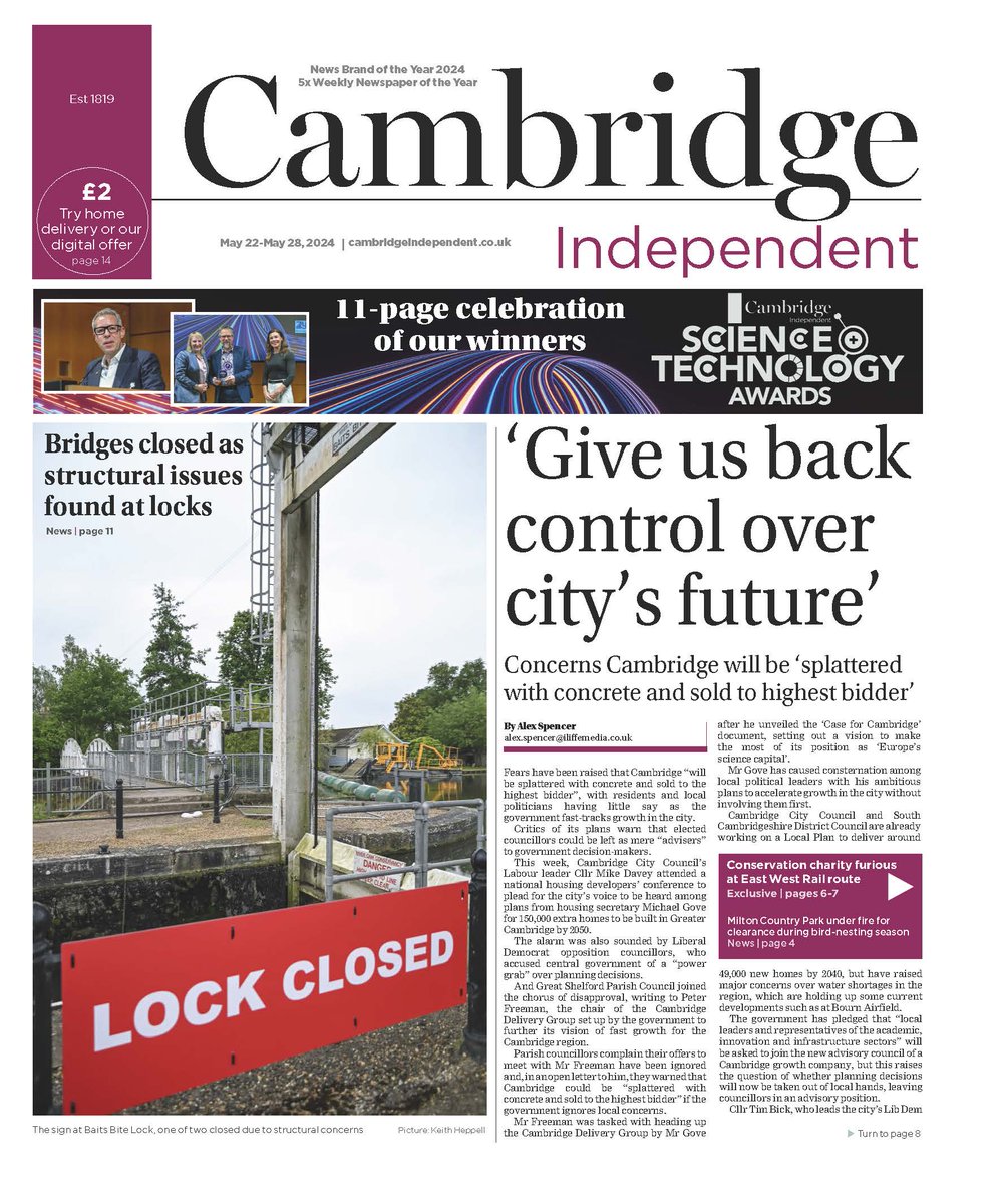 In @CambridgeIndy - #Cambridge political leaders demand a voice as government presses for major growth. An 11-page special on our #SciTechAwards. Concern from @CRTWildlife over #EastWestRail route & alarm at habitat clearance in nesting season @MiltonCountryPk