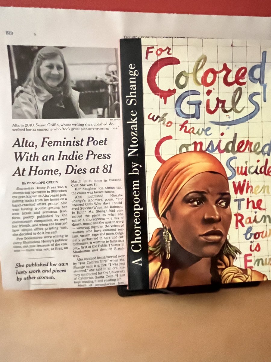 ALTA 1942-2024 started Shameless Hussy press with a printing press in her garage. She was Ntozake Shange’s first publisher, publishing “for colored girls who have considered suicide/when the rainbow is enough” the 1970s.