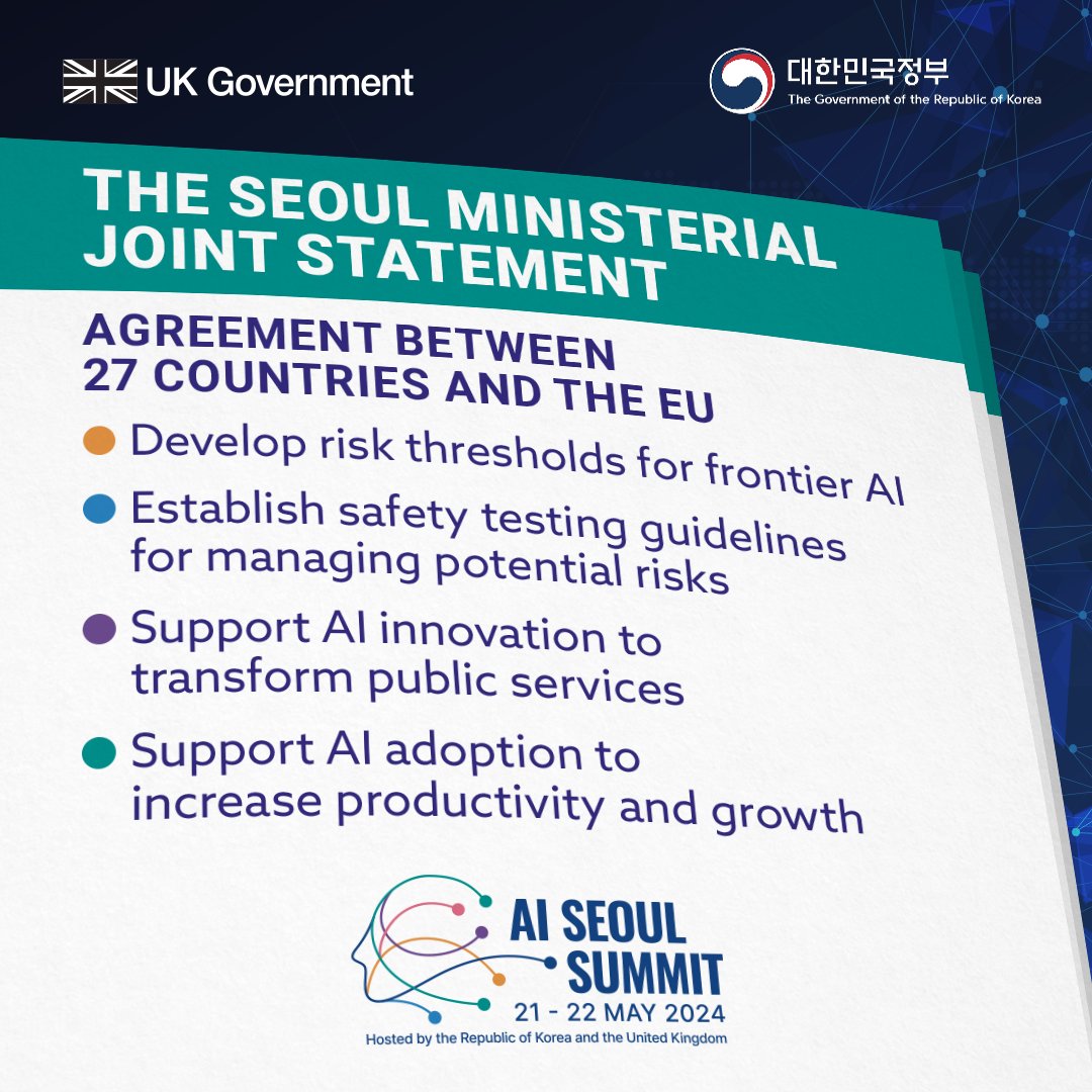 To capitalise on the potential upsides of frontier AI, we need to manage the risks. That's why nations have committed to work closely with AI companies, civil society and academia to define risk thresholds for frontier AI ahead of the next Summit in France.