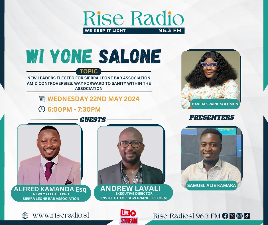 Join us today at 6pm on #WiYoneSalone for an enlightening conversation on the 'New leaders elected for Sierra Leone Bar Association amid controversies: way forward to sanity within the association', Tune in and don`t miss out! @asmaakjames @mariamajbah9 #WiYoneSalone #Riseradiosl