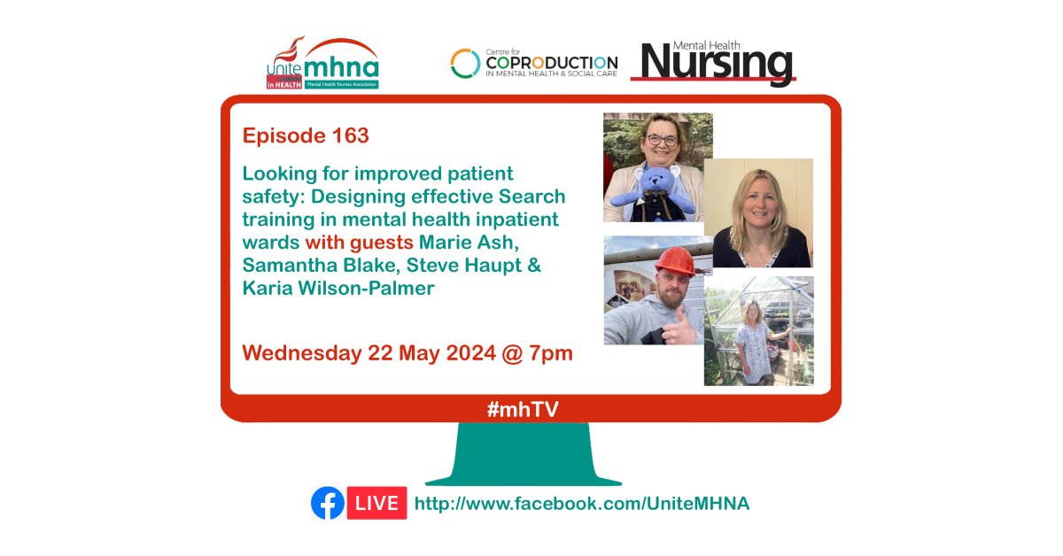 We're back tonight with #mhTV episode 163. <a href="/niadla/">nia</a> and <a href="/VanessaRNMH/">Vanessa Gilmartin ( Garrity) RNMH She/Her</a> will be talking with guests Marie Ash, Samantha Blake, Steve Haupt &amp; Karia Wilson-Palmer about 'Looking for improved patient safety: Designing effective Search training in mental health inpatient wards'