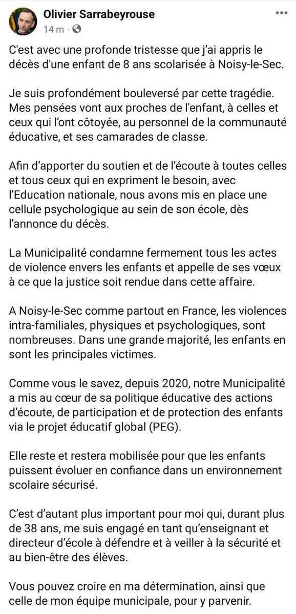 C'est avec une profonde tristesse que j’ai appris le décès d'une enfant de 8 ans scolarisée à Noisy-le-Sec. Je suis profondément bouleversé par cette tragédie…