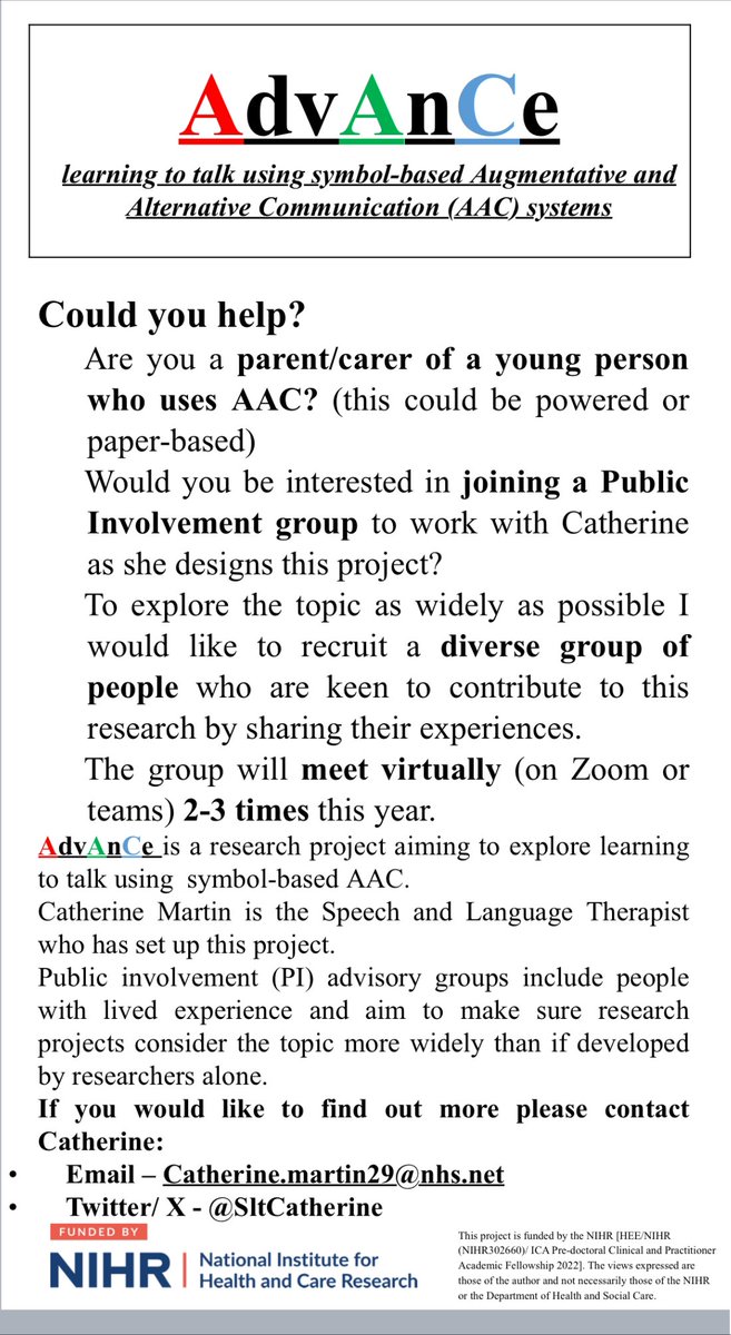 Calling parents of AAC users!
Would you like to be part of a PI group to talk about your experiences of supporting your child to learn language with their AAC? 
#research #AHP #RCSLTResearch #NIHR