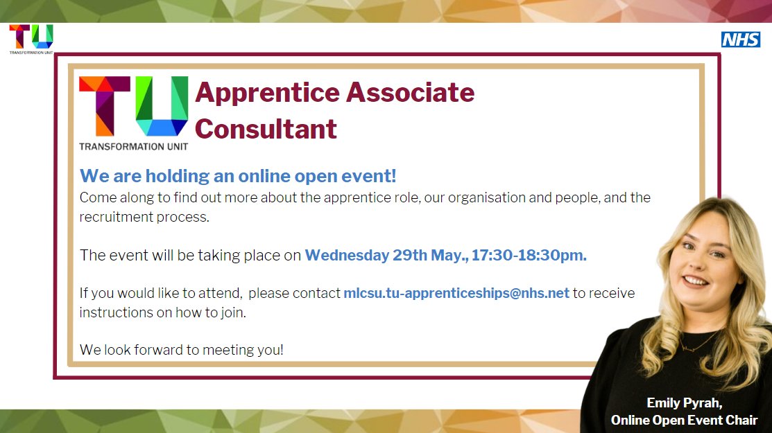 NHS Transformation Unit (@tu_nhs) on Twitter photo Weβre holding an online open event! π»
If you want to find out more about the apprentice role, then please come along to our online open event on Wednesday 29th May, 17:30-18:30pm.
Please email mlcsu.tu-apprenticeships@nhs.net to receive instructions on how you can join usπ§. Weβre holding an online open event! π»
If you want to find out more about the apprentice role, then please come along to our online open event on Wednesday 29th May, 17:30-18:30pm.
Please email mlcsu.tu-apprenticeships@nhs.net to receive instructions on how you can join usπ§.