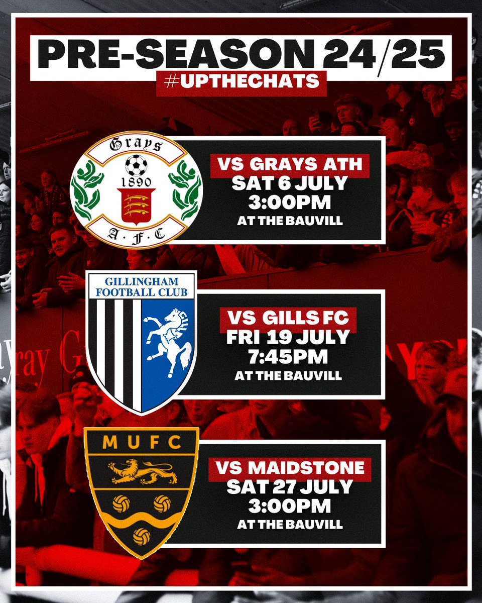 🚨 𝗙𝗜𝗫𝗧𝗨𝗥𝗘 𝗔𝗗𝗗𝗘𝗗 🚨 Our first pre-season fixture of our 2024/25 schedule has been confirmed. We will welcome @GraysAthleticFC to the Bauvill Stadium on Sat 6 July — 3pm KO. ⚽️ 🔴⚪️⚫️ #UpTheChats