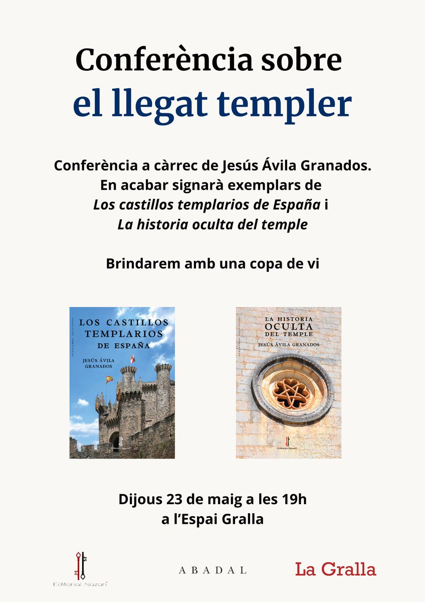 🔵Demà fem un viatge per la història i coneixerem el llegat templer de la mà de Jesús Ávila Granados. 🗓️a les 19 h a l'espai Gralla
