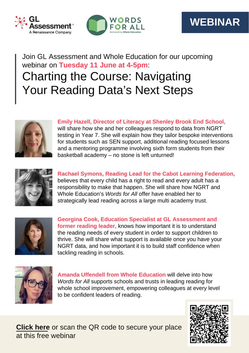 Join @WholeEducation and @GL_Assessment for our webinar about how to implement a strategic response to your reading data, hosted by our professional development framework for the leadership of reading, Words for All. Sign up here: us02web.zoom.us/meeting/regist…