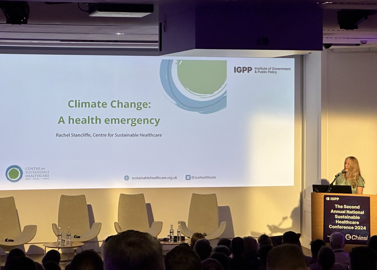 Great to see @SusHealthcare represented by Rachel Stancliffe giving the key note speech at the The Second Annual National Sustainable Healthcare Conference 2024 @IGPPVMF #igppSHC Climate crisis = health crisis #SustainableHealth