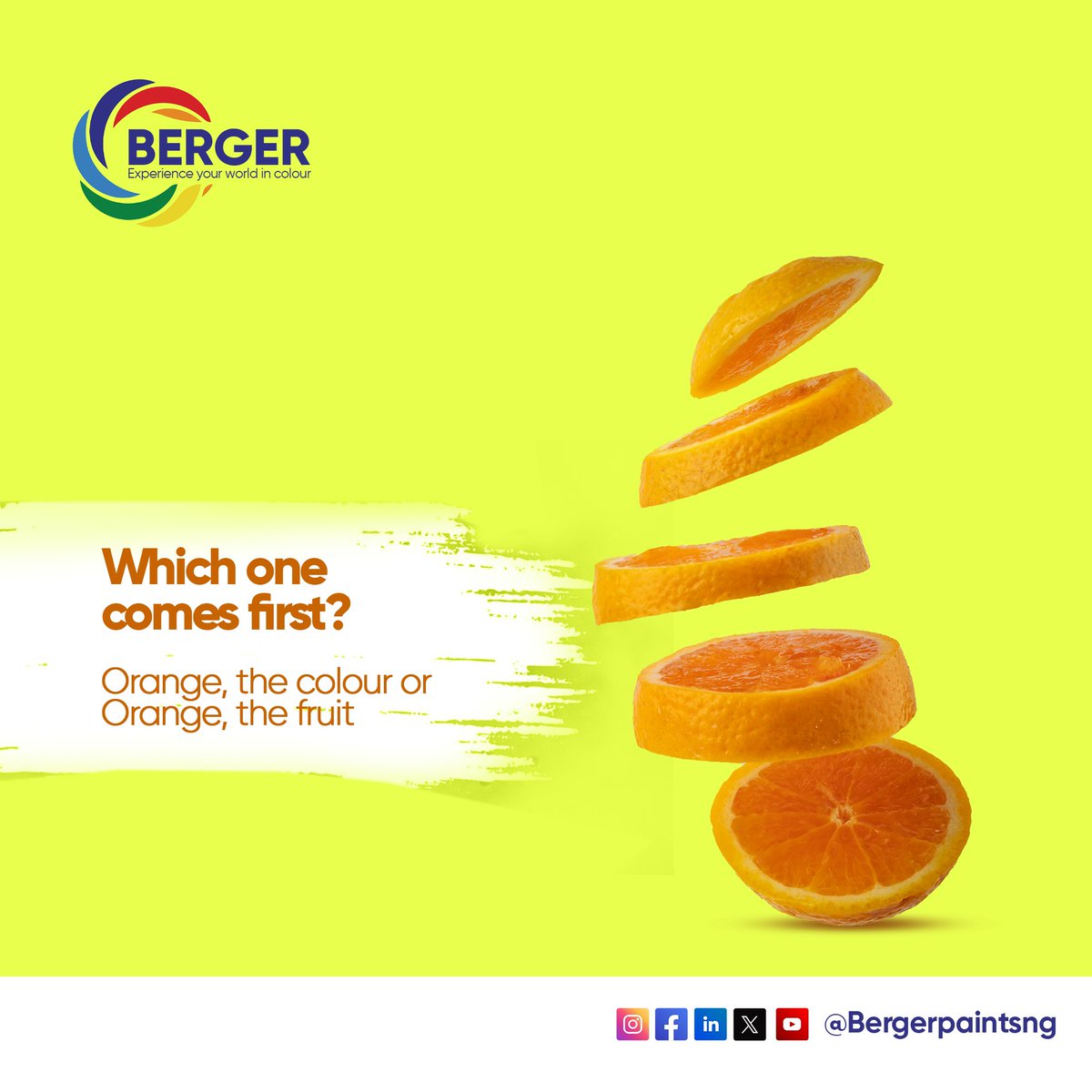 Put your thinking caps on, let's peel back the layers of history.

Which came first, the colour of the sunrise or the zest of the fruit?

Tell us your thoughts in the comment section.

#RiddleMe
#Orange
#BergerPaints
#ColourfulSpaces