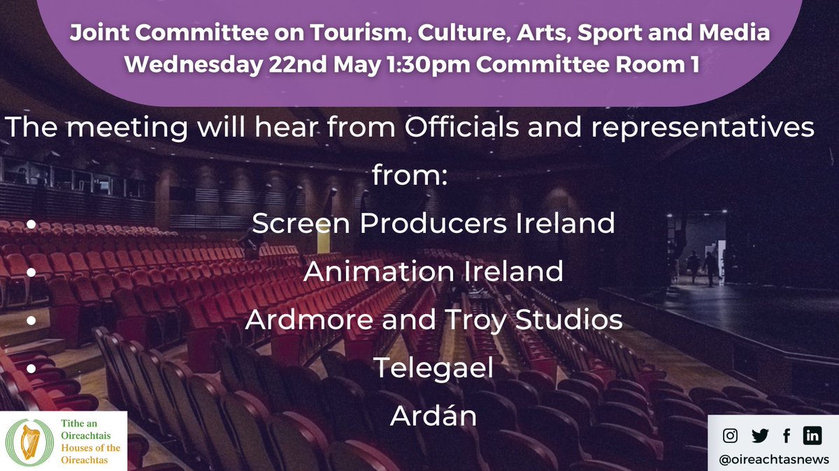 The Joint Committee on Tourism, Culture, Arts, Sport and Media chaired by Deputy @NiamhSmythTD meets at 1:30pm to resume engagement on support for the development of Regional Film and TV production. #SeeForYourself on #OireachtasTV at bit.ly/3dpIUpp