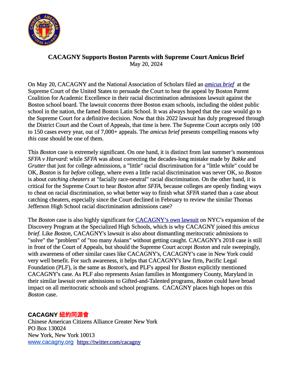 CACAGNY Supports Boston Parents in their racial discrimination admissions lawsuit against the Boston school board with Supreme Court Amicus Brief. Link: supremecourt.gov/DocketPDF/23/2…