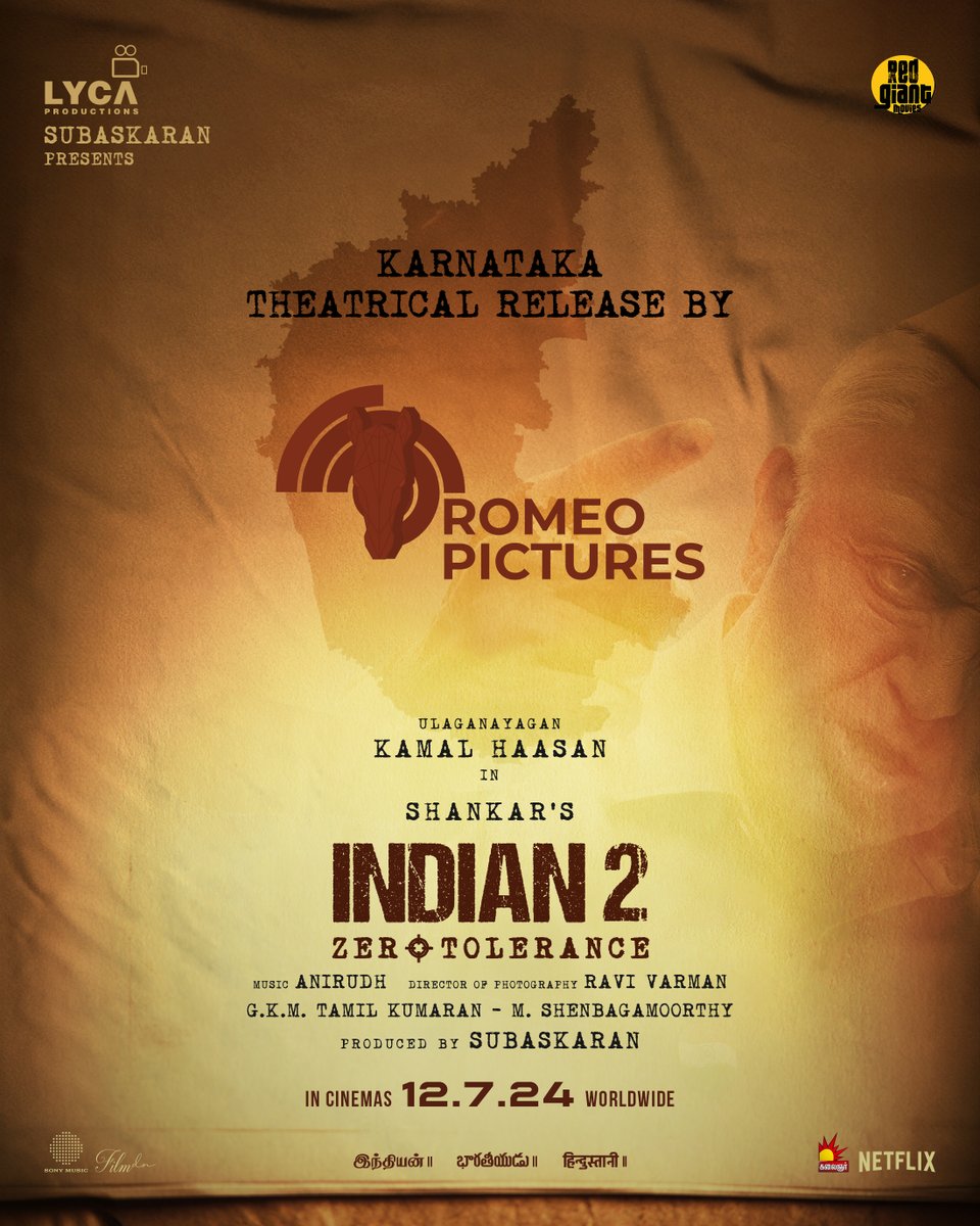 Delighted to associate with #RomeoPictures for INDIAN-2 distribution in Karnataka! 🇮🇳 Senapathy is returning WISER & DEADLIER across the region. 🤞🏻🔥 #Indian2 🇮🇳 In Cinemas 📽️✨ from July 12th 2024 🗓️ #Ulaganayagan @ikamalhaasan @shankarshanmugh @anirudhofficial