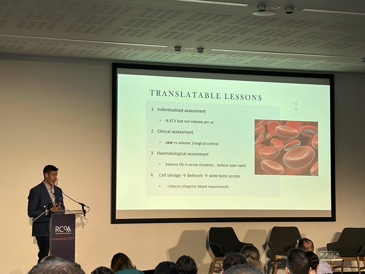 Some excellent translatable lessons from obstetric major haemorrhage from @ArcBroom. Another top tip he gives is working out and writing down circulating volumes and percentage losses prior to starting the case.  #anaesthesia2024