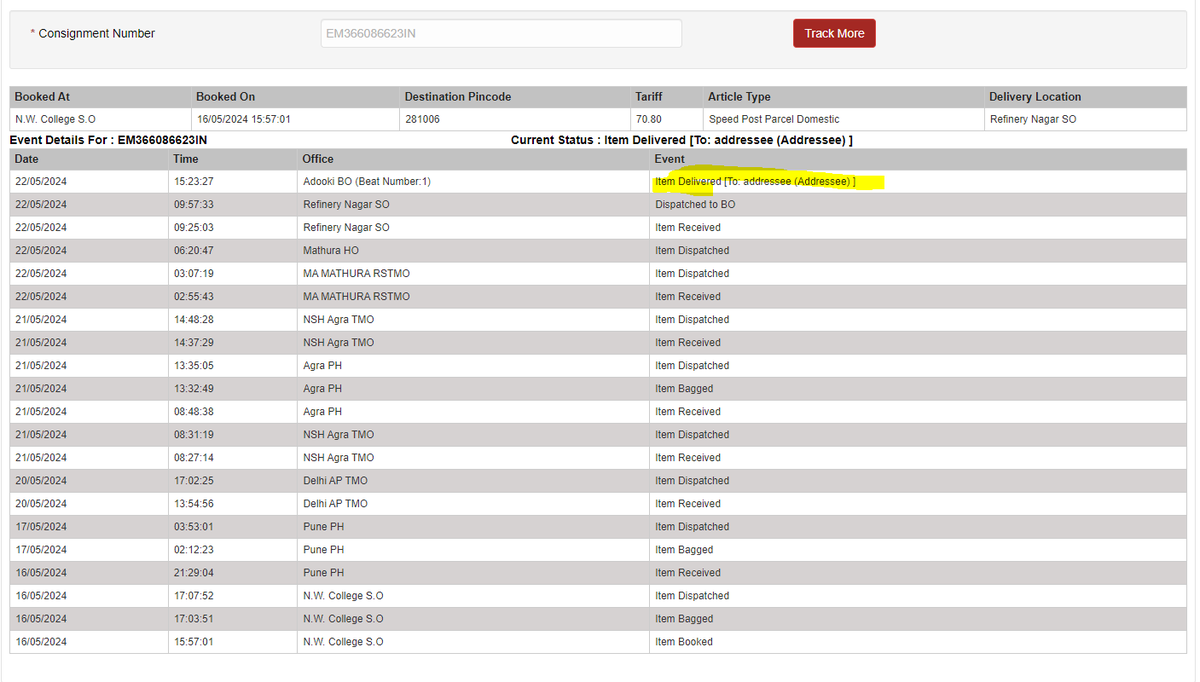imyagya's tweet photo. @IndiaPostOffice Dear Indian Post office, I was waiting for this courier from couple of days. Now, it's showing, it's delivered. Seriously, it isn't expected. Could you please priorities this issue? Tracking Id # EM366086623IN https://t.co/9tMt36v1cp