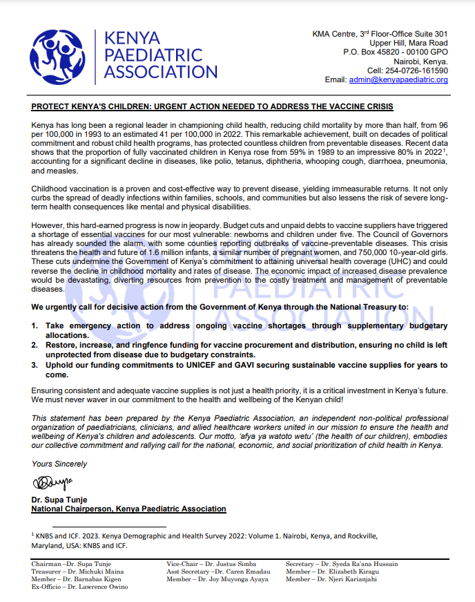 Treasury budget cuts for @VaccinesKenya threaten the health of millions & could reverse Kenya's progress in child health. Join @kenyapaeds in calling for urgent action to restore funding & secure vaccine supplies! #ProtectChildren #VaccinesWork #InvestInHealth