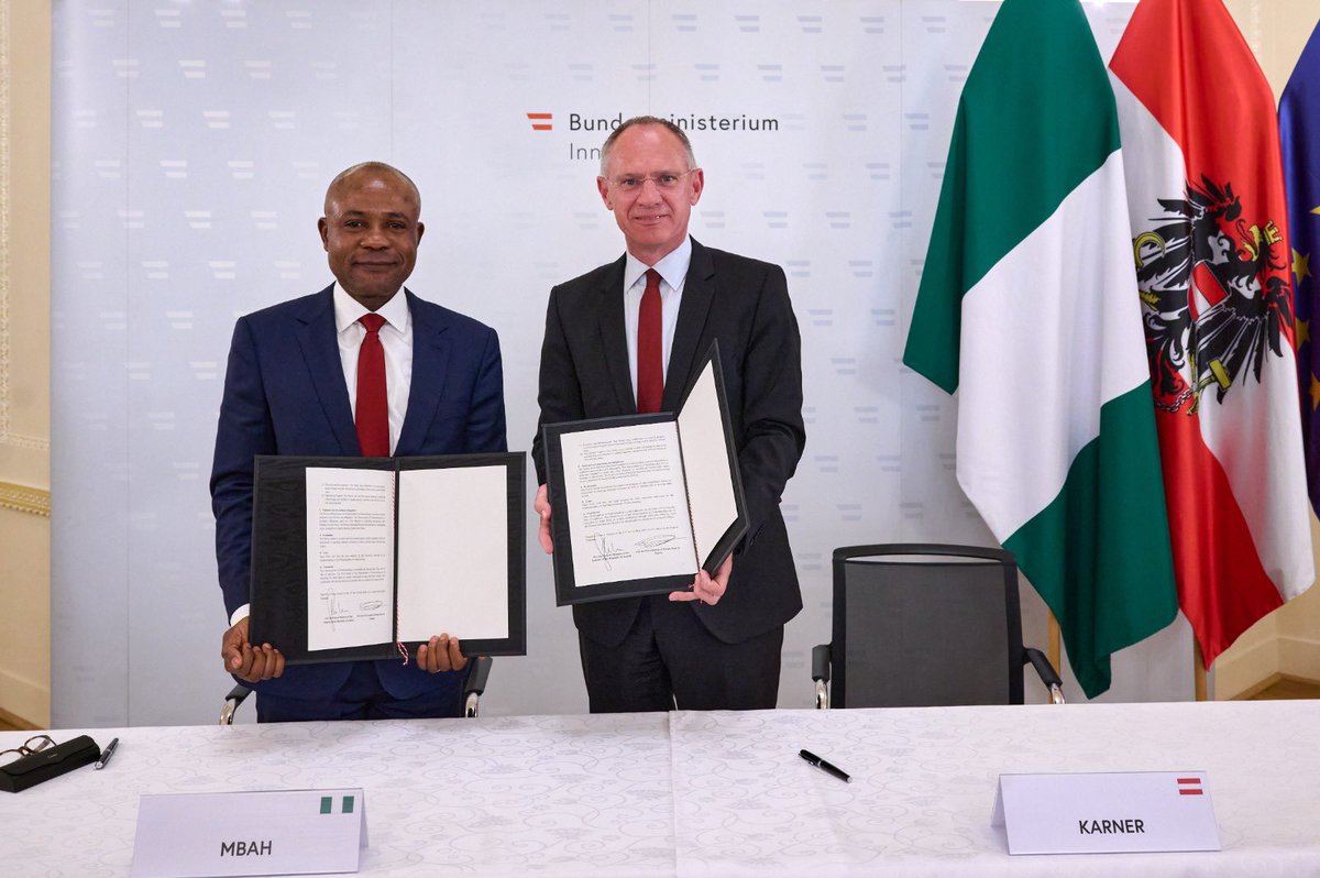 PNMbah's tweet photo. I took our quest for investment and partnerships to Vienna, Austria, where I met with senior government officials, the business community, and international development partners.

We had productive exchanges, which, among others, culminated in the signing of an MOU between the Austrian Minister of Interior, Gehard Karner and I for the establishment of a K-9 training unit in Enugu State, to boost security and crime detection.

The Minister of Agriculture, Norbert Totschnig and I discussed the implementation of an agricultural model region, measuring about 2,000 to 5,000 hectares, and the need to replicate the Austrian Cooperative success story in Enugu State.

Additionally, the MD of Austrian Promotional Bank, AWS, Sagmeister, expressed interest in exploring more opportunities to provide guarantees (including guarantees for credits from Nigerian banks) for Austrian businesses investing in Nigeria, and equally assist our administration in designing creative approaches to procure foreign funding.

In my remarks, I assured the Austrian Minister of Labour and Commerce, Dr. Kocher that our administration was poised to help expand collaboration between Austrian and Nigerian businesses, especially in the areas of agriculture, hydro power, work and knowledge in semiconductors. We would leverage the already existing Austrian business presence at the European Business Park, Godfrey Okoye University, Enugu to facilitate this collaboration.

Tomorrow is here!