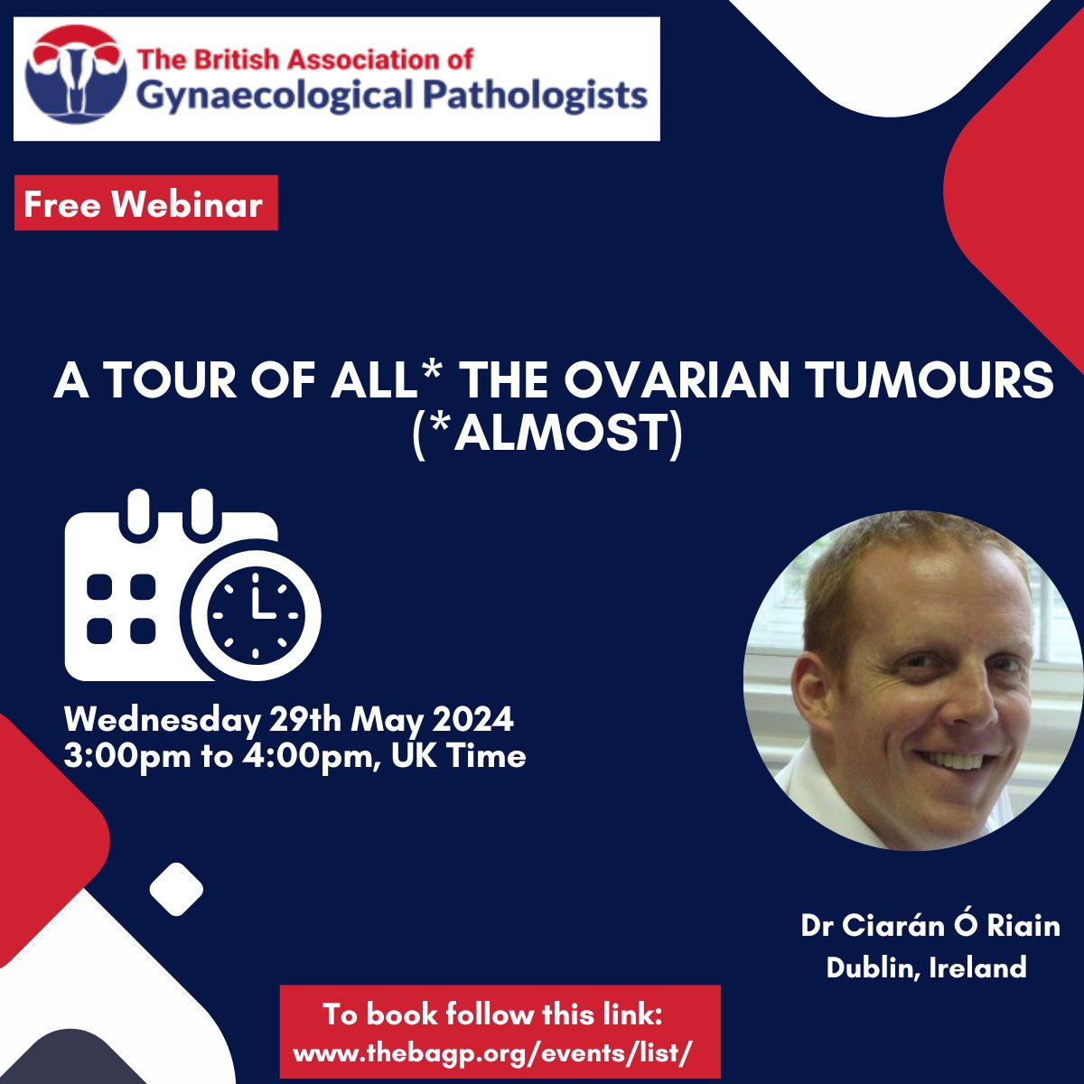 Please join @BAGPGynPath for our monthly free webinar on 29 May at 15:00 UK time. This month's topic is 'A Tour of All* The Ovarian Tumours (*Almost)' presented by Dr Ciarán Ó Riain. Register @ thebagp.org/events/list/ #PathTwitter #GynPath #GynaePath