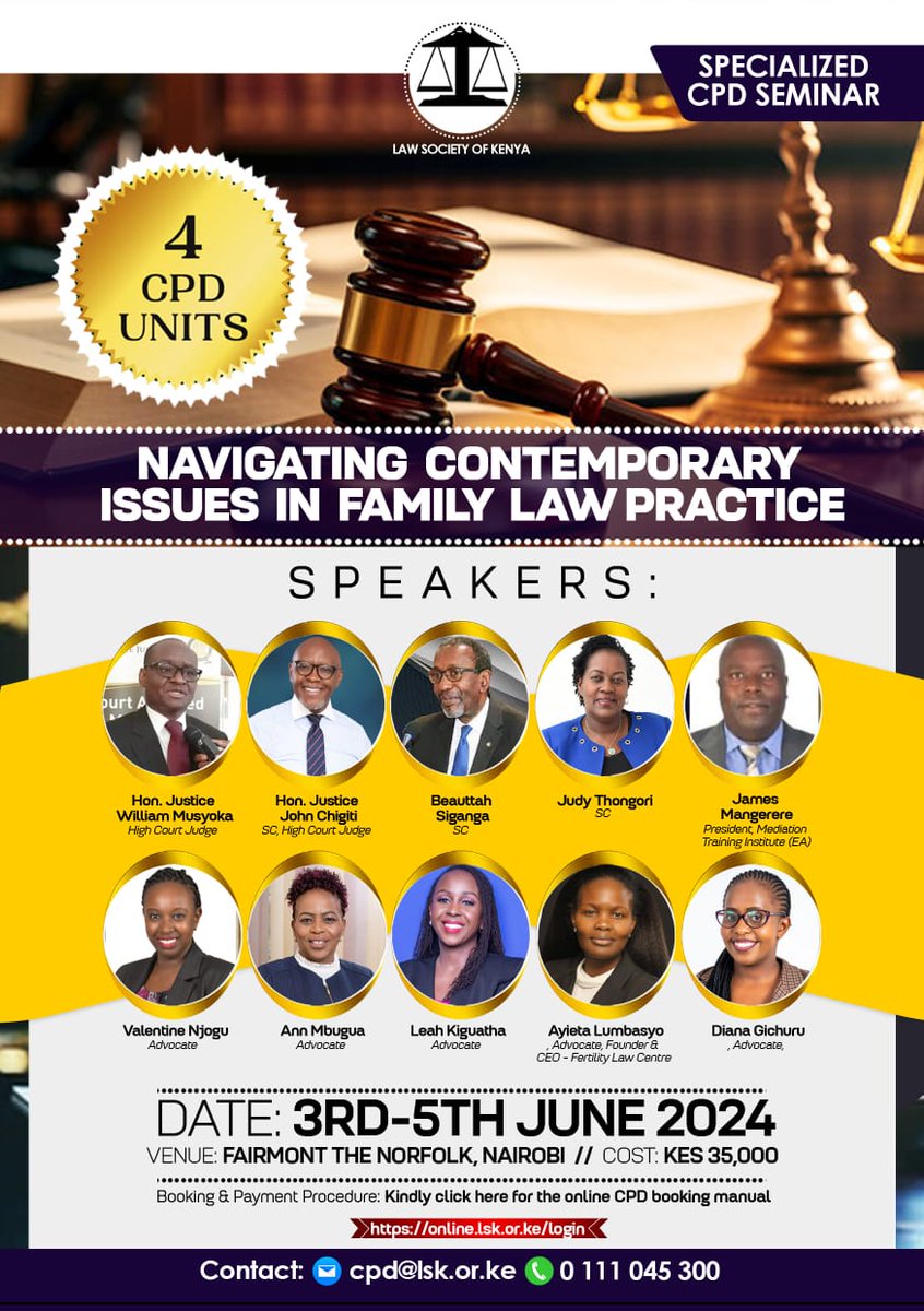Join @KELINKenya's @ValNjogu alongside an expert panel of lawyers as they tackle the topic; how to navigate contemporary issues in family law practice. Click here for online CPD booking manual: online.lsk.or.ke/login #FamilyLaw #CPD #ProfessionalDevelopment