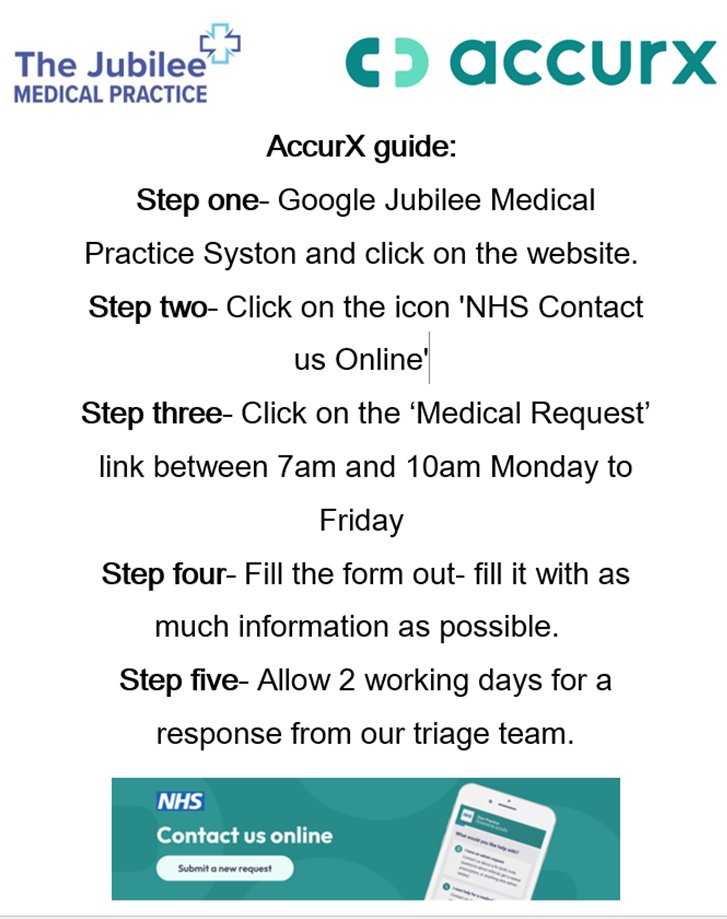 Step by step guide on how to use the AccurX system to request a routine appointment:

If you are still struggling our phone lines are open between 8am-10am for one of the Reception team to help. 

Jubilee Medical Practice: 0116 295 0600.