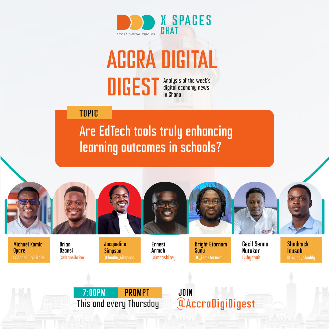 Tune in to this week's #AccraDigitalDigest XSpaces! We're exploring the impact of EdTech tools on learning outcomes. Additionally, we'll have a team from @GDGAccra join us to talk about the upcoming Google I/O extended event. Set a reminder! bit.ly/4bqfkyl