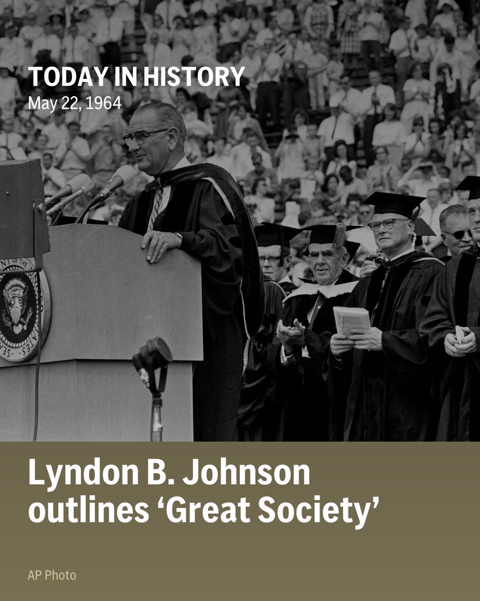 On May 22, 1964, President Lyndon B. Johnson, speaking at the University of Michigan, outlined the goals of his “Great Society,” saying that it “rests on abundance and liberty for all” and “demands an end to poverty and racial injustice.”

Read more: t.ly/I2lAO