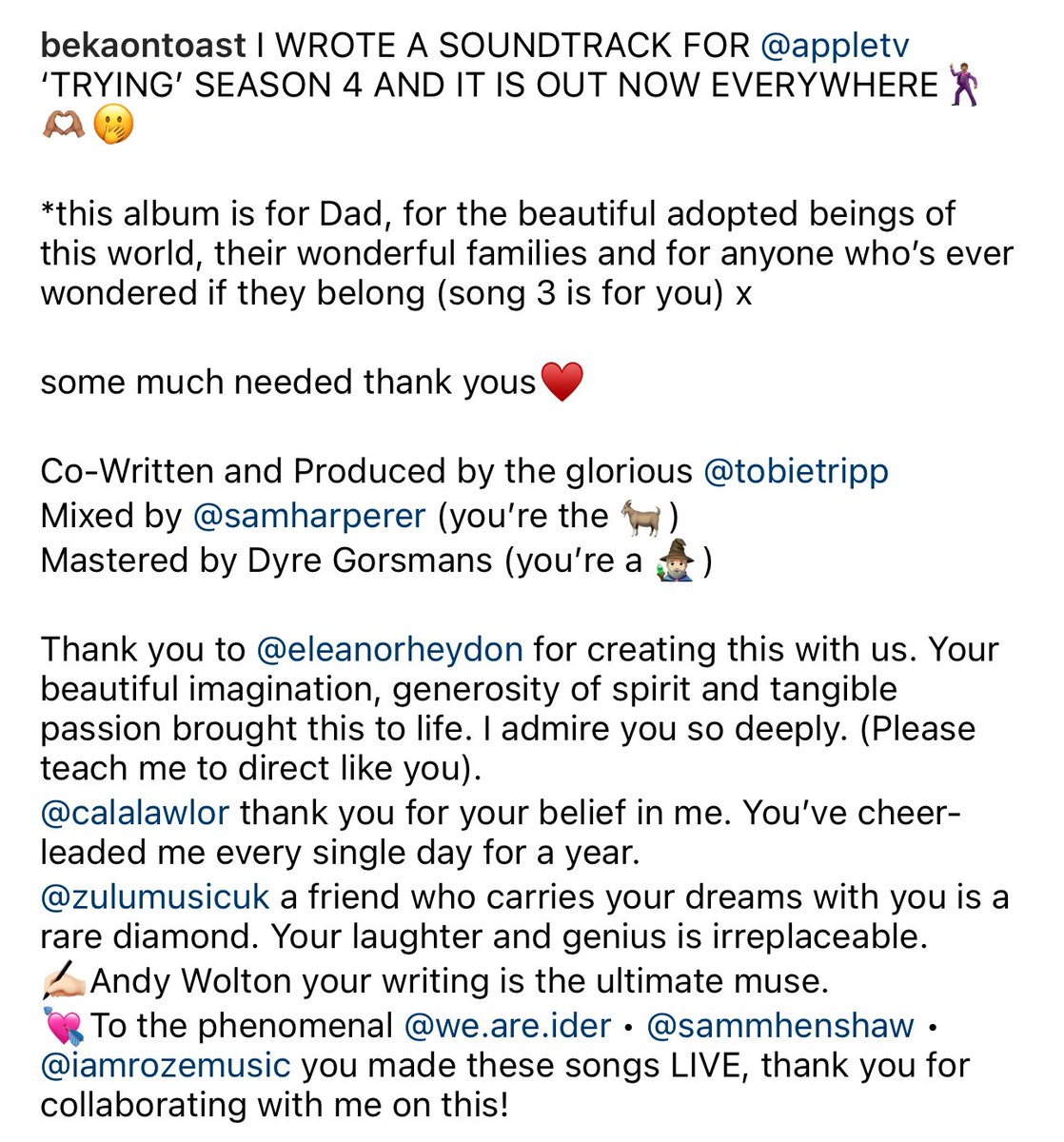 bekaontoast's tweet photo. I WROTE A SOUNDTRACK FOR @AppleTV ‘TRYING’ SEASON 4 AND IT IS OUT NOW EVERYWHERE🕺🏽

❤️‍🔥https://t.co/BjR2fdvYCA

👇🏽what she said… https://t.co/XSii7TozqA