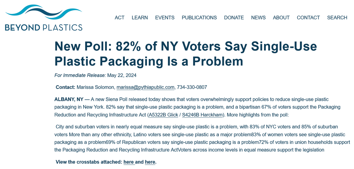 Beyond Plastics (@plasticsbeyond) on Twitter photo BREAKING: 82% of New Yorkers want to reduce single-use plastic packaging. Check out today's <a href="/SienaResearch/">SienaResearch</a> poll results. beyondplastics.org/press-releases… BREAKING: 82% of New Yorkers want to reduce single-use plastic packaging. Check out today's <a href="/SienaResearch/">SienaResearch</a> poll results. beyondplastics.org/press-releases…