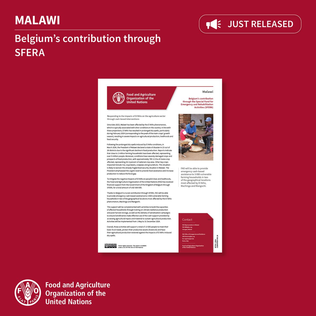 Malawi: Thanks to @BelgiumMFA's funding, @FAO aims to provide emergency cash-based assistance to 3 000 vulnerable households affected by the #ElNiño phenomenon. This vital support will enable 13 500 people to navigate their own recovery. bit.ly/3V9wP09