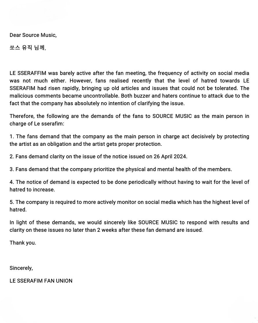 🚨 MASS EMAIL 🚨

FEARNOTS!

Use this template for mass emailing SOURCE MUSIC regarding accounts making malicious and defamatory contents against LE SSERAFIM and urge them to take legal action.

🔗: shorturl.at/qJhWE