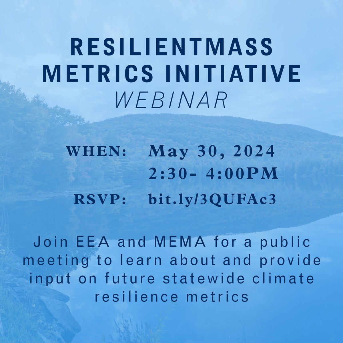 Join EEA and @MassEMA for a public webinar on the ResilientMass Metrics initiative! Learn about statewide climate resilience metrics centering environmental justice and equity and share your feedback on draft metrics. Register here: bit.ly/3QUFAc3