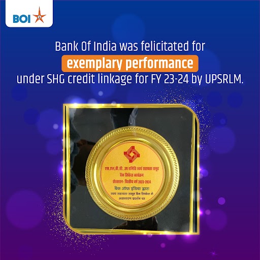 We are thrilled to share that Bank of India has been honored for our exemplary performance in Self-Help Group (SHG) credit linkage for the financial year 2023-24 by the Uttar Pradesh State Rural Livelihoods Mission (UPSRLM). #BankOfIndia #UPSRLM #FinancialInclusion #SHG