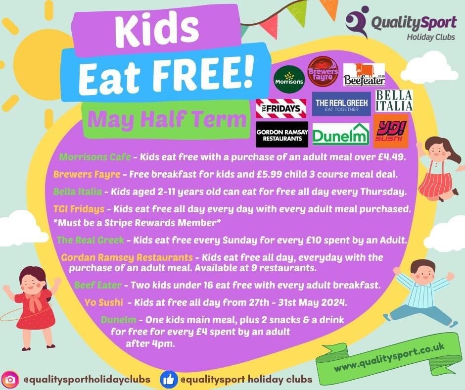 A list of places where kids eat FREE this May half term.