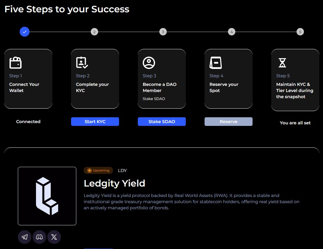 Ledgity Yield - Launchpad spot Reserve OPEN 🚨

SingularityDAO's $LDY <a href="/LedgityYield/">Ledgity Yield 💫</a> Launchpad is now OPEN for reservation spots only until May 27! 

Here's what you need to do:
✅ Head over to our website NOW!
✅ Complete your KYC and become a member
✅ Click the 'Reserve Spot'