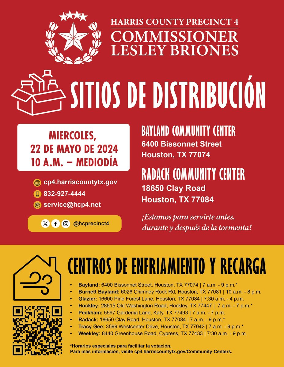 CFISDnoticias's tweet photo. .@CyFairISD Hoy será el último día de distribuciones. HEB estará presente para entregar comidas calientes. @HCPrecinct4 continuará distribuyendo en ambos centros, Bayland Community Center y Radack Community Center. #HCPrecinto4. https://t.co/r7C3vsXKGI