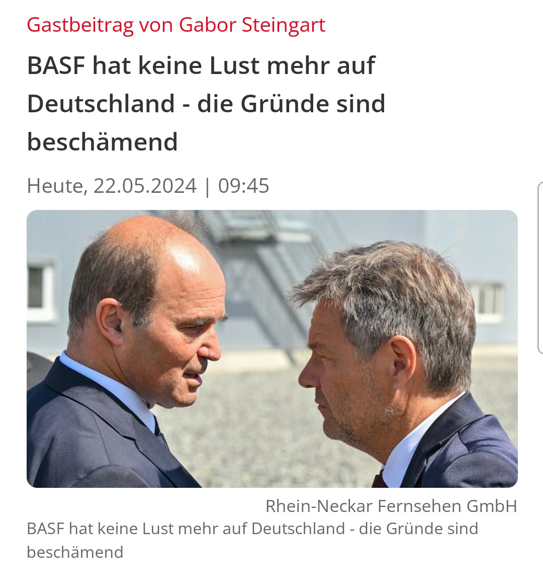 'Europas größter Chemiekonzern BASF kehrt Deutschland still und leise den Rücken. Die Schließung von Produktionsstandorten und die Verlagerung von Investitionen nach China sind ein klares Signal an die Politik: Profitorientierte Unternehmen sind nicht bereit, den Preis für