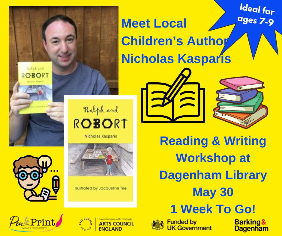 **1 Week To Go** Meet Local Children's Author Nicholas Kasparis on Thursday 30 May, 2.30pm to 3.30pm, at Dagenham Library. Join Nicholas for a reading and writing workshop, ideal for children aged 7-9. Book online: pentoprint.org/eventbrite-eve…