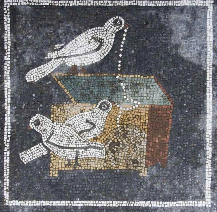 Example of a beautiful mosaic. A close up of feeding birds from the floor of the House of the Faun, Pompeii.