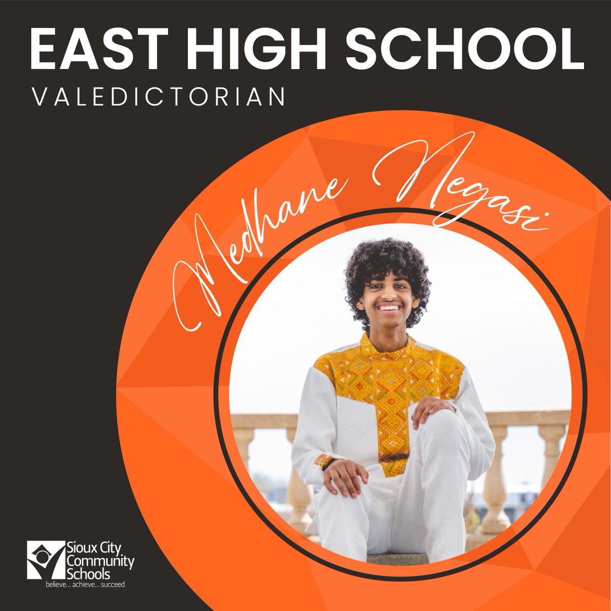 SiouxCityCSD's tweet photo. The #SCCSD is honored to announce East High School's Valedictorian and Salutatorian.

🎓 Valedictorian Medhane Negasi
🎓 Salutatorian Garrett Thompson

As we prepare for East's commencement tonight at 7pm at the Tyson Events Center, we'd like to congratulate the Class of 2024! https://t.co/ctzVjuY2zO